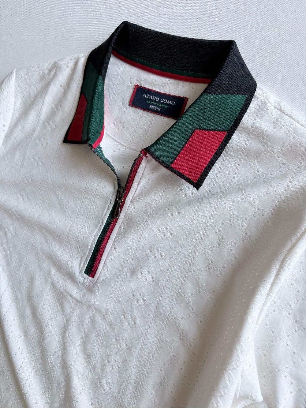 Azaro Uomo Eyelet Knit Quarter Zip Polo White Red Green Unisex Size S - Picture 10 of 11
